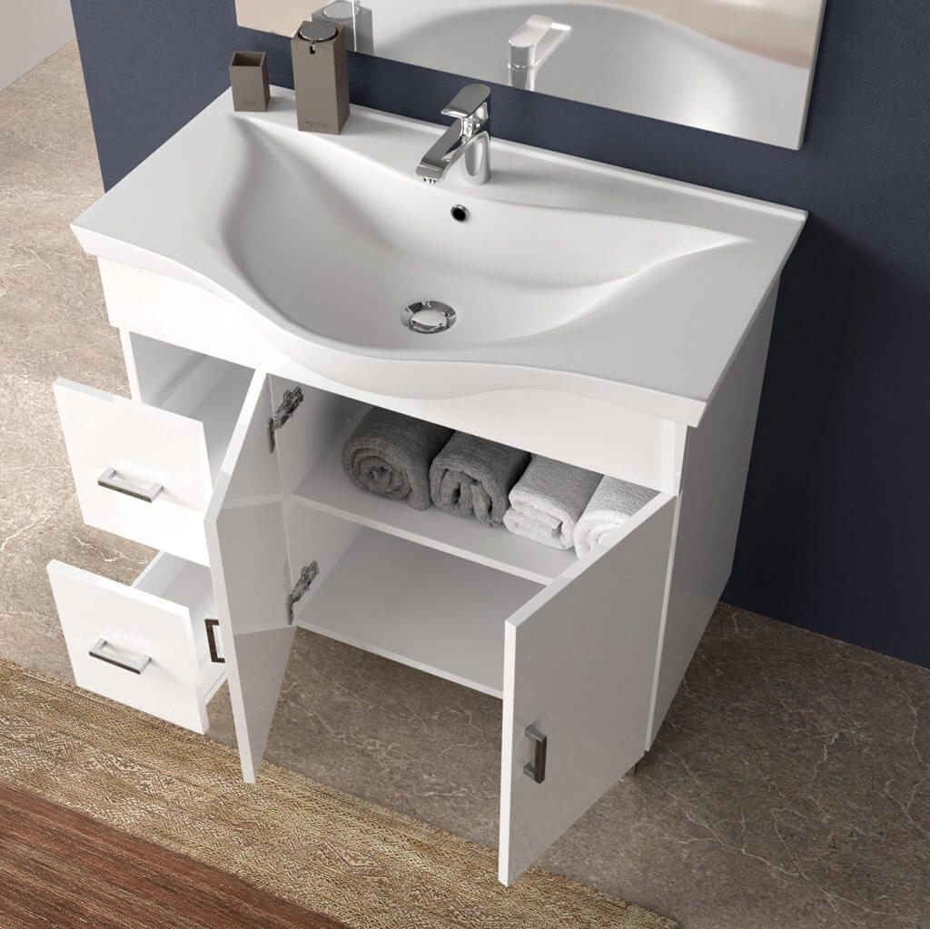 Mobile Bagno 100cm a Terra Con Due Ante Due Cassetti, Specchio con Pensile e Lampada - Yuta