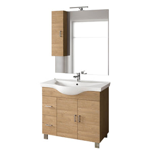 Mobile Bagno 100cm a Terra Con Due Ante Due Cassetti, Specchio con Pensile e Lampada - Rovere Miele