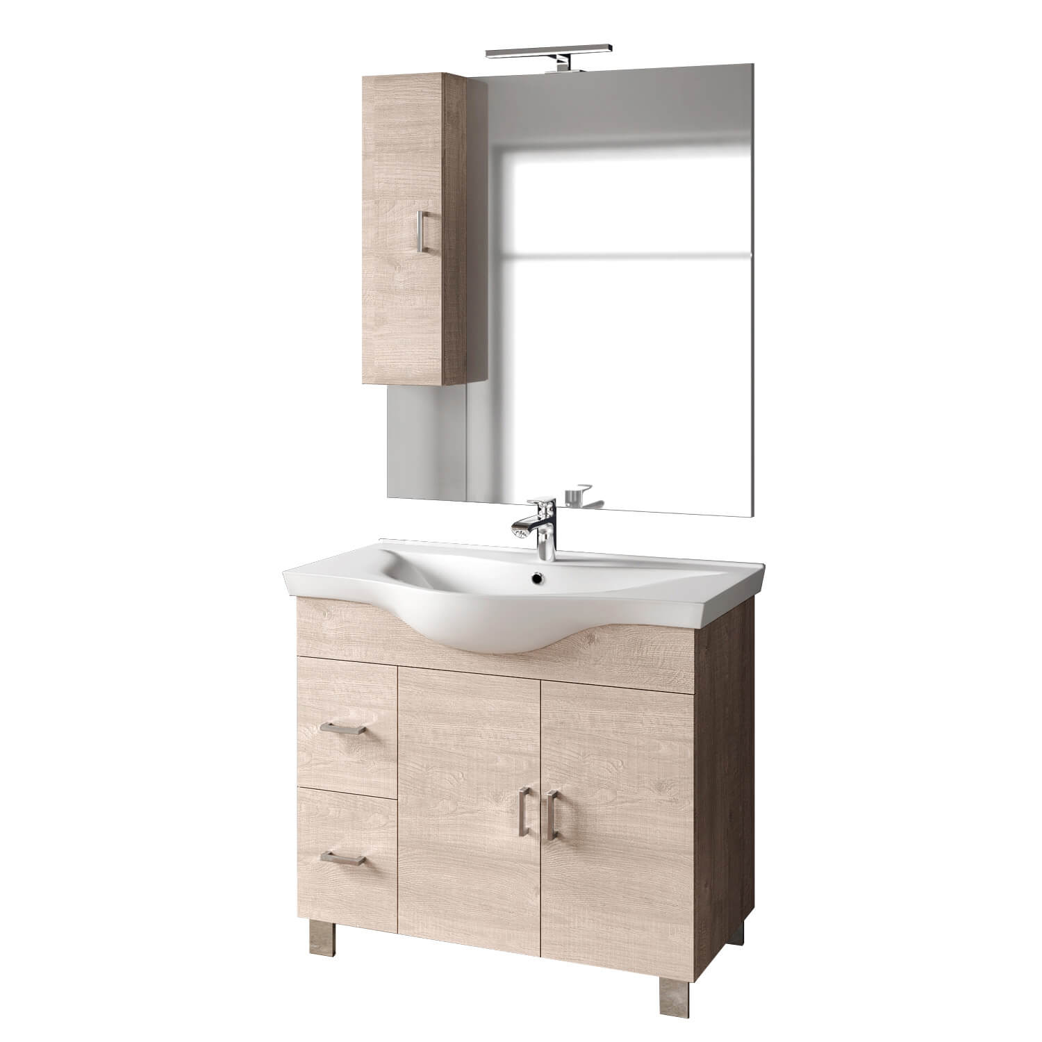 Mobile Bagno 100cm a Terra Con Due Ante Due Cassetti, Specchio con Pensile e Lampada - Sherwood