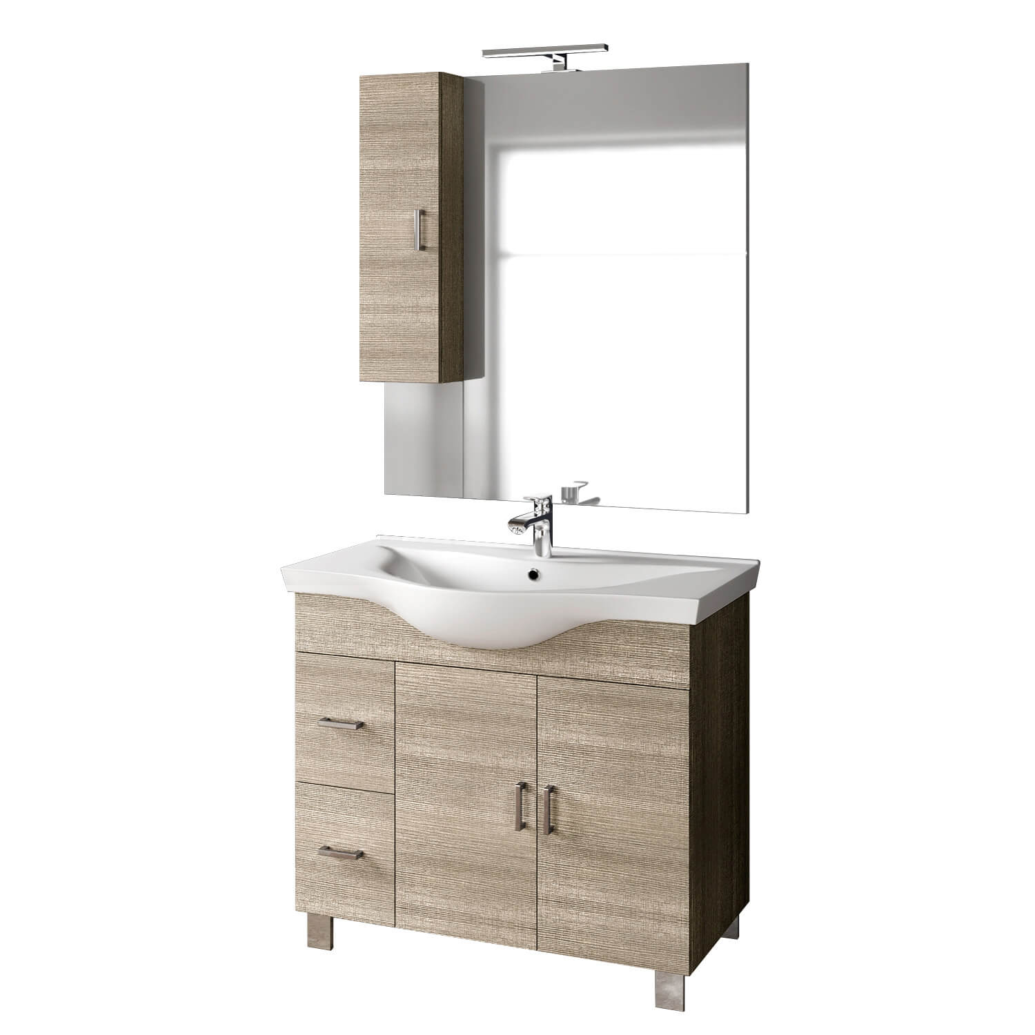 Mobile Bagno 100cm a Terra Con Due Ante Due Cassetti, Specchio con Pensile e Lampada - Yuta