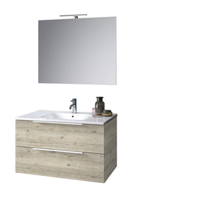 Composizione Mobile Bagno 100cm Sospeso Con Due Cassetti E Specchio Con Lampada - Pino Artico