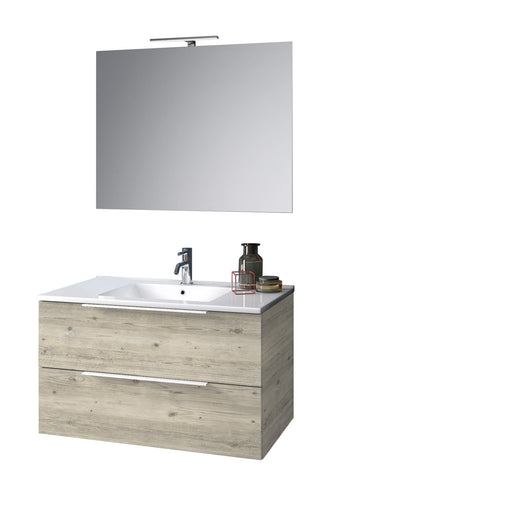 Composizione Mobile Bagno 100cm Sospeso Con Due Cassetti E Specchio Con Lampada - Pino Artico