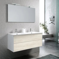 Mobile Bagno 120cm Sospeso Due Cassetti Lavabo Doppia Vasca e Specchio Con Lampada - Rovere Alaska
