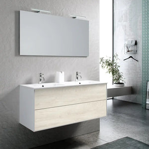 Mobile Bagno 120cm Sospeso Due Cassetti Lavabo Doppia Vasca e Specchio Con Lampada - Rovere Alaska