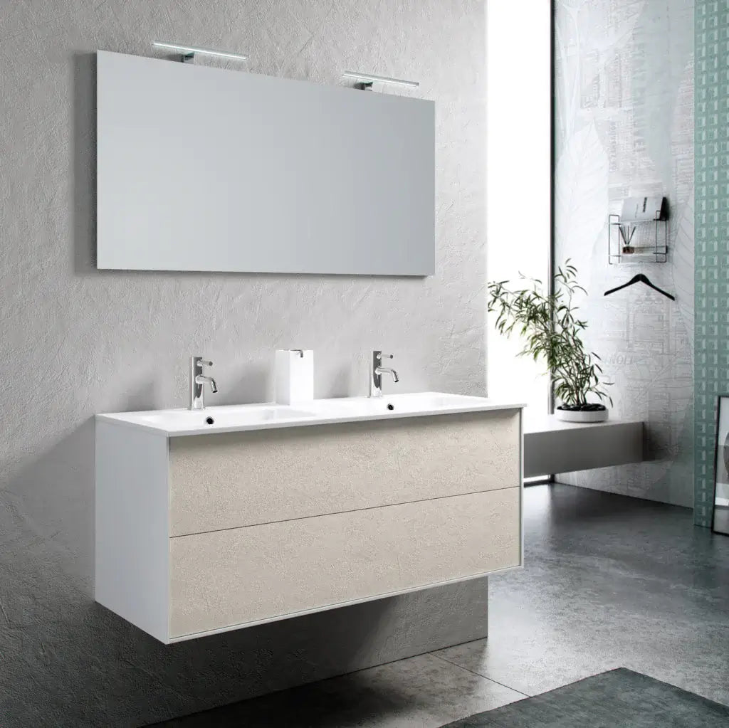 Mobile Bagno 120cm Sospeso Due Cassetti Lavabo Doppia Vasca e Specchio Con Lampada - Avana Effetto Pietra