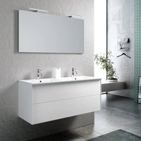 Mobile Bagno 120cm Sospeso Due Cassetti Lavabo Doppia Vasca e Specchio Con Lampada - Bianco Opaco