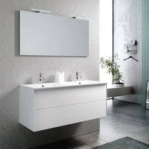 Mobile Bagno 120cm Sospeso Due Cassetti Lavabo Doppia Vasca e Specchio Con Lampada - Bianco Opaco