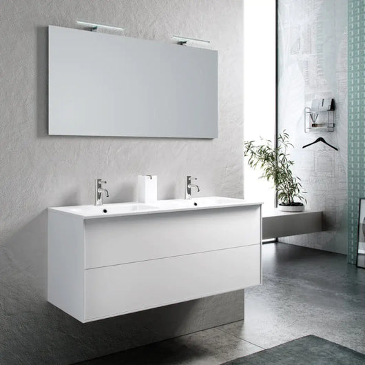 Mobile Bagno 120cm Sospeso Due Cassetti Lavabo Doppia Vasca e Specchio Con Lampada - Bianco Opaco