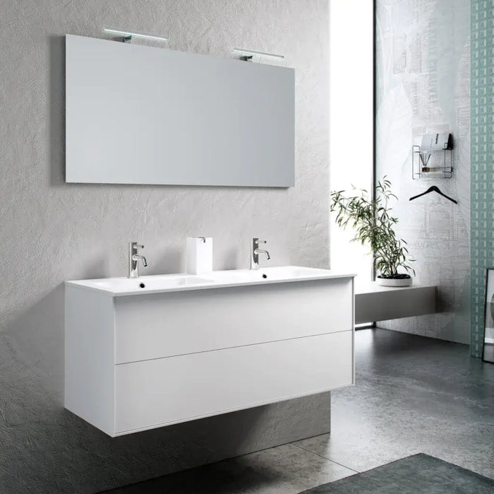 Mobile Bagno 120cm Sospeso Due Cassetti Lavabo Doppia Vasca e Specchio Con Lampada - Bianco Opaco