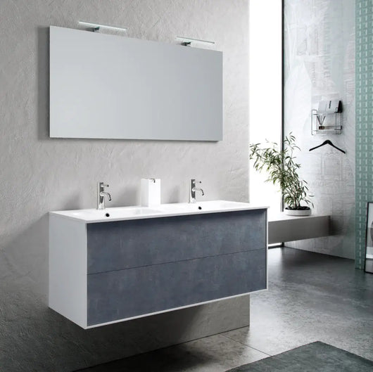 Mobile Bagno 120cm Sospeso Due Cassetti Lavabo Doppia Vasca e Specchio Con Lampada - Blu Effetto Pietra