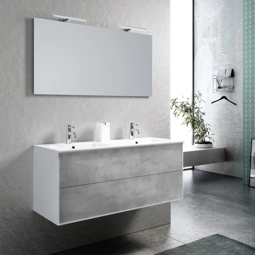 Mobile Bagno 120cm Sospeso Due Cassetti Lavabo Doppia Vasca e Specchio Con Lampada - Cemento