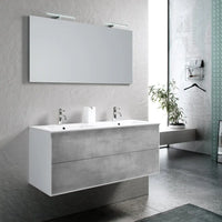 Mobile Bagno 120cm Sospeso Due Cassetti Lavabo Doppia Vasca e Specchio Con Lampada - Cemento