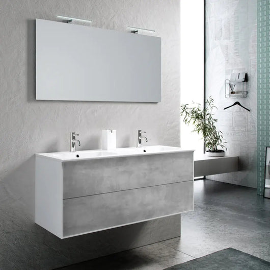 Mobile Bagno 120cm Sospeso Due Cassetti Lavabo Doppia Vasca e Specchio Con Lampada - Cemento