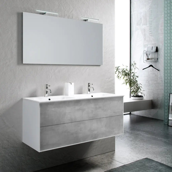 Mobile Bagno 120cm Sospeso Due Cassetti Lavabo Doppia Vasca e Specchio Con Lampada - Cemento