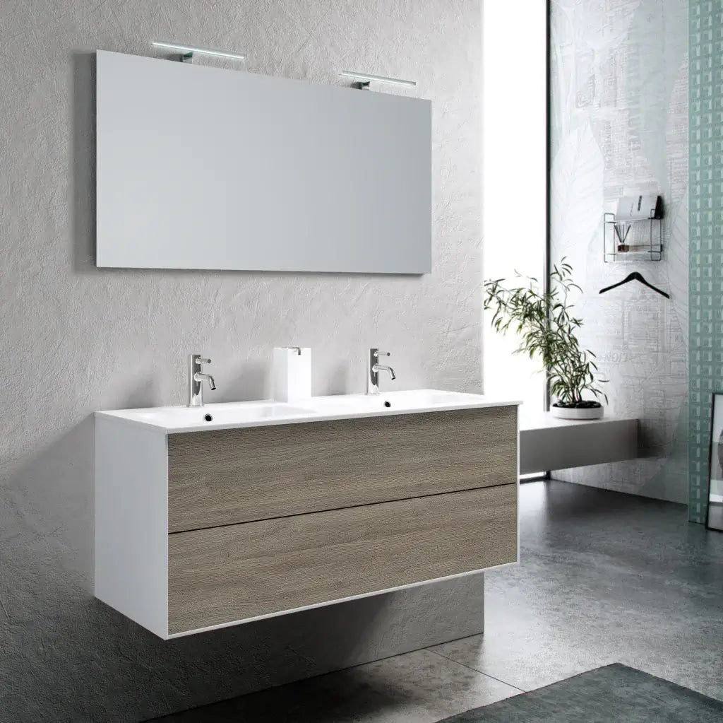 Mobile Bagno 120cm Sospeso Due Cassetti Lavabo Doppia Vasca e Specchio Con Lampada - Rovere Cenere