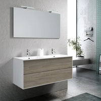 Mobile Bagno 120cm Sospeso Due Cassetti Lavabo Doppia Vasca e Specchio Con Lampada - Rovere Cenere