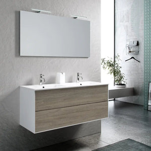 Mobile Bagno 120cm Sospeso Due Cassetti Lavabo Doppia Vasca e Specchio Con Lampada - Rovere Cenere