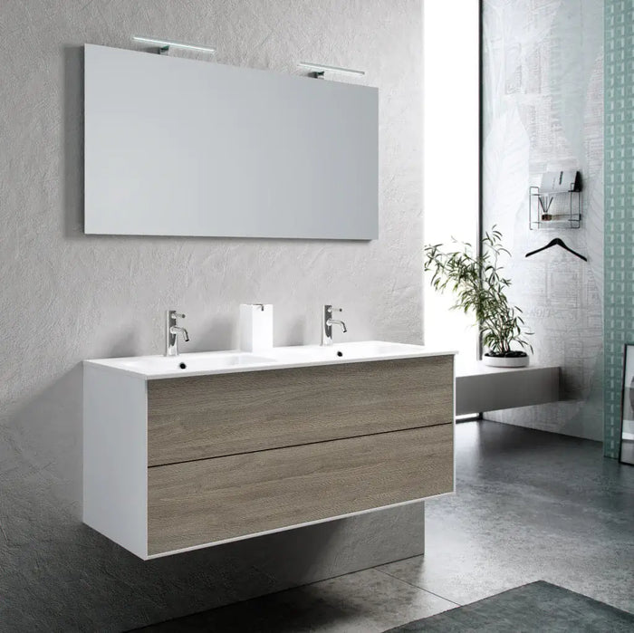 Mobile Bagno 120cm Sospeso Due Cassetti Lavabo Doppia Vasca e Specchio Con Lampada - Rovere Cenere