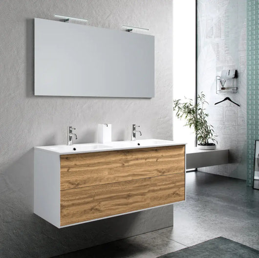 Mobile Bagno 120cm Sospeso Due Cassetti Lavabo Doppia Vasca e Specchio Con Lampada - Rovere Miele