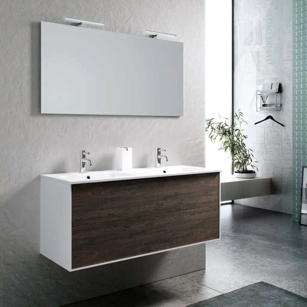Mobile Bagno 120cm Sospeso Due Cassetti Lavabo Doppia Vasca e Specchio Con Lampada - Testa di Moro