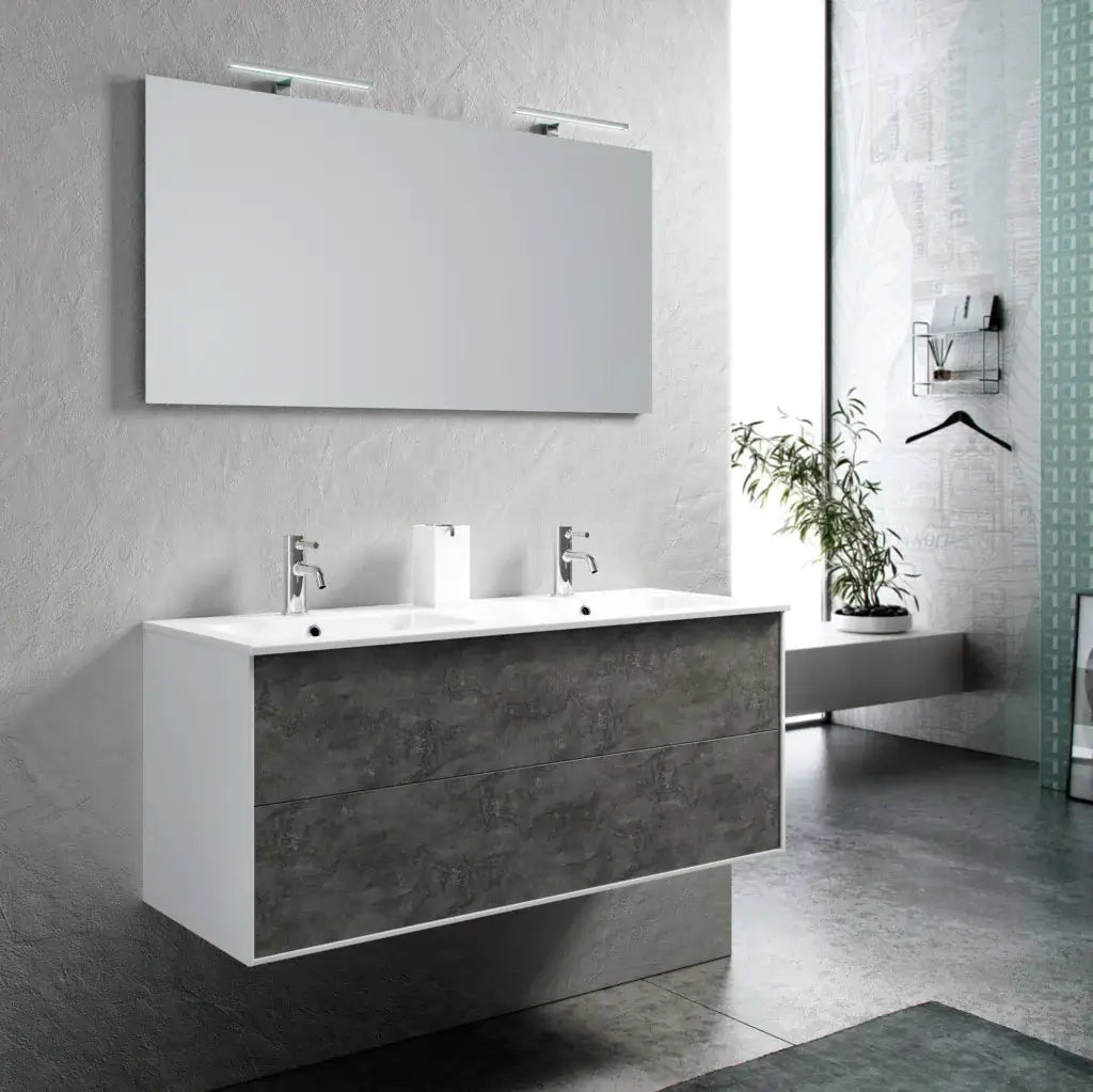Mobile Bagno 120cm Sospeso Due Cassetti Lavabo Doppia Vasca e Specchio Con Lampada - Ossido