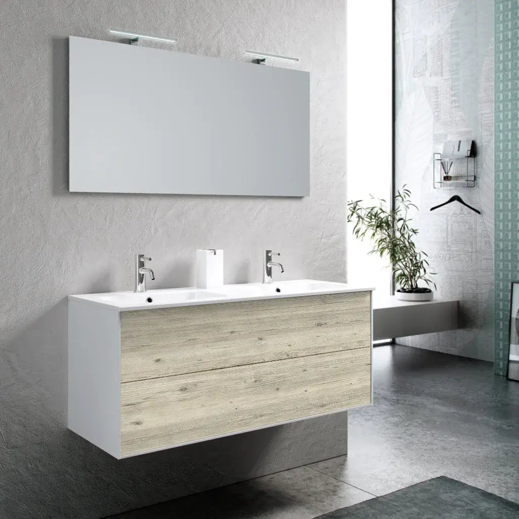 Mobile Bagno 120cm Sospeso Due Cassetti Lavabo Doppia Vasca e Specchio Con Lampada - Pino Artico