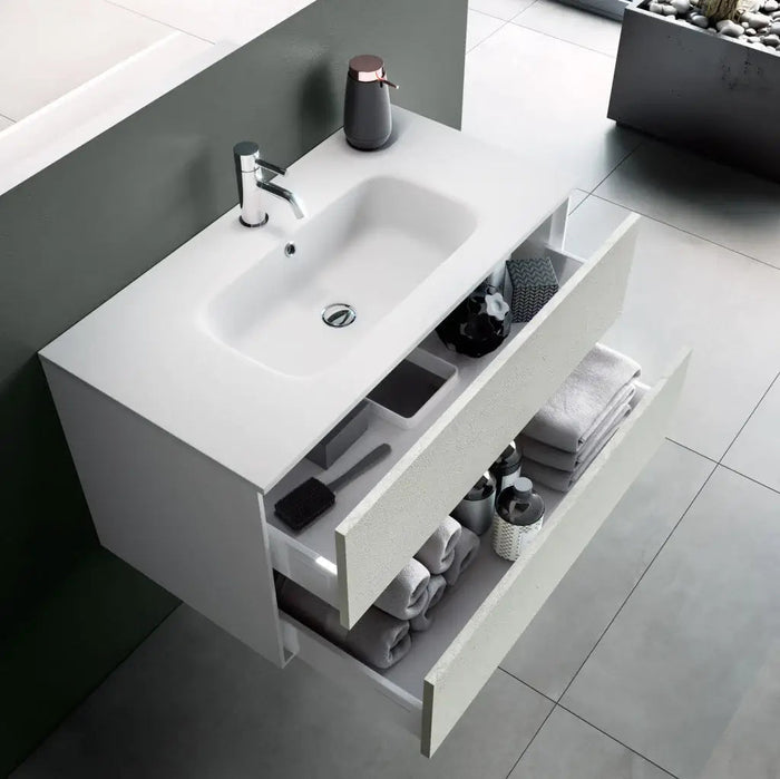 Composizione Mobile Bagno 100cm Sospeso Due Cassetti e Specchio Con Lampada - Rovere Cenere