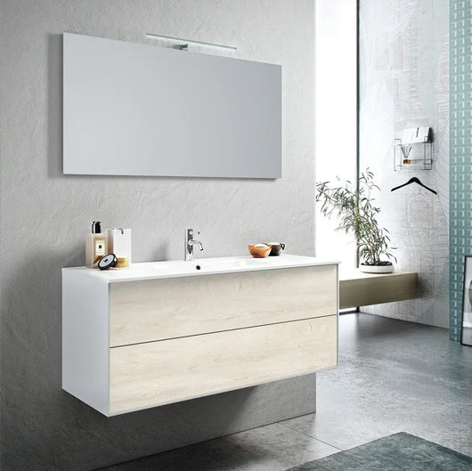 Mobile Bagno 120cm Sospeso Due Cassetti e Specchio Con Lampada - Rovere Alaska