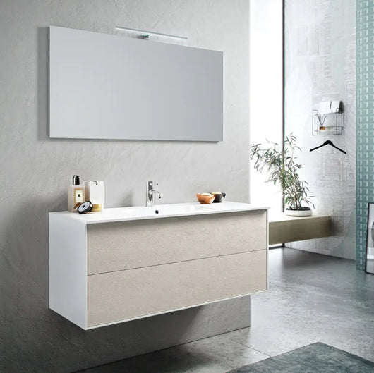 Mobile Bagno 120cm Sospeso Due Cassetti e Specchio Con Lampada - Avana Effetto Pietra