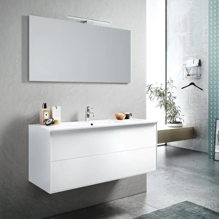 Mobile Bagno 120cm Sospeso Due Cassetti e Specchio Con Lampada - Bianco Opaco