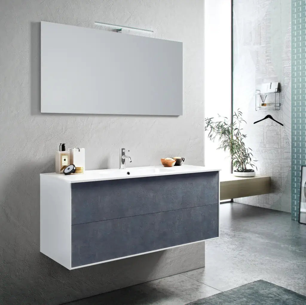 Mobile Bagno 120cm Sospeso Due Cassetti e Specchio Con Lampada - Blu Effetto Pietra