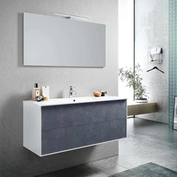 Mobile Bagno 120cm Sospeso Due Cassetti e Specchio Con Lampada - Blu Effetto Pietra