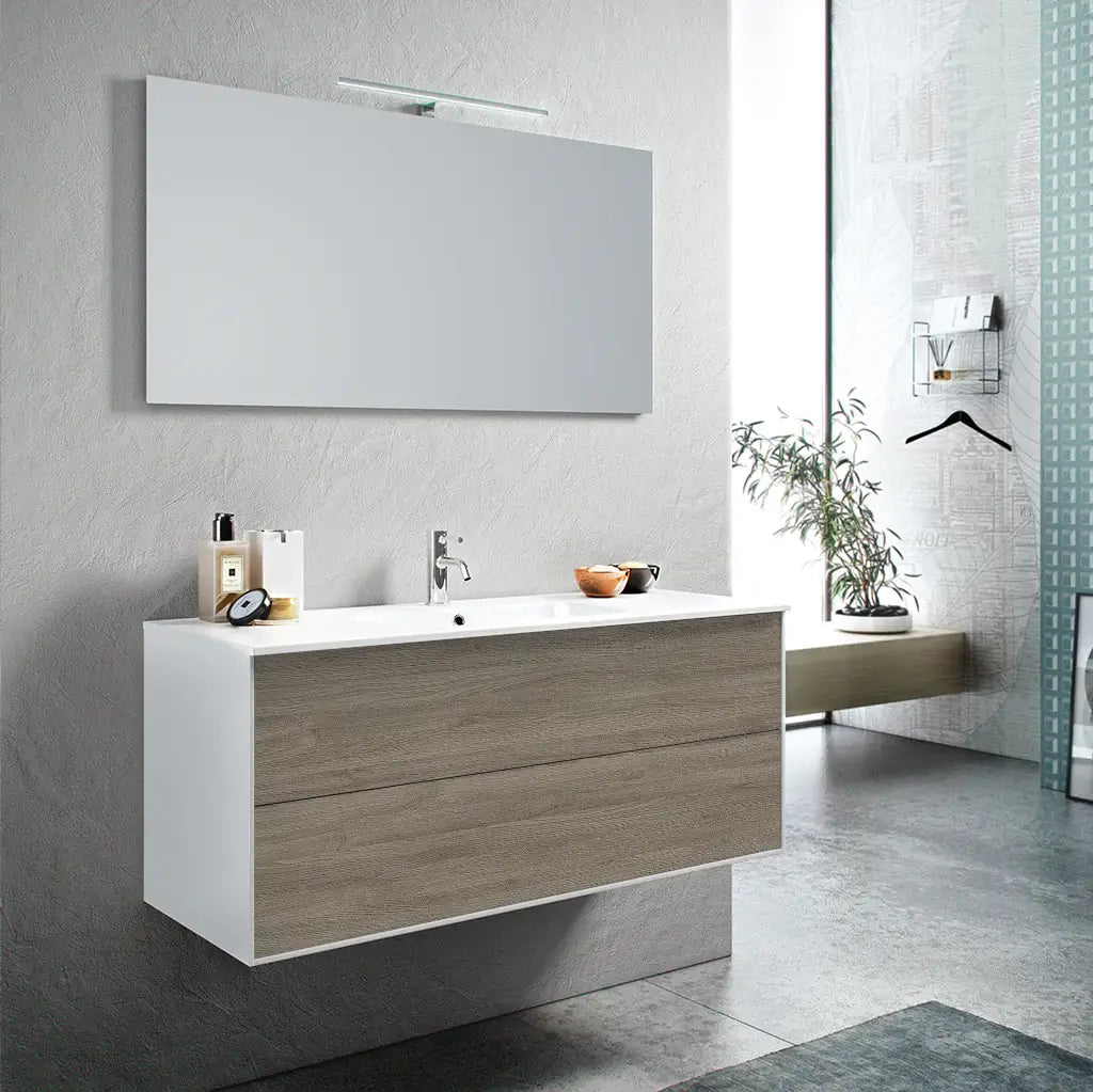 Mobile Bagno 120cm Sospeso Due Cassetti e Specchio Con Lampada - Rovere Cenere