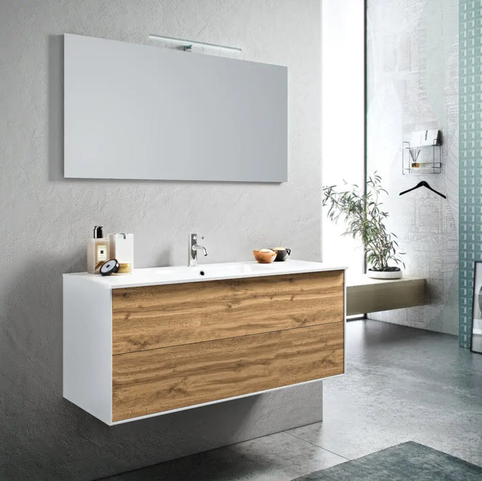 Mobile Bagno 120cm Sospeso Due Cassetti e Specchio Con Lampada - Rovere Miele