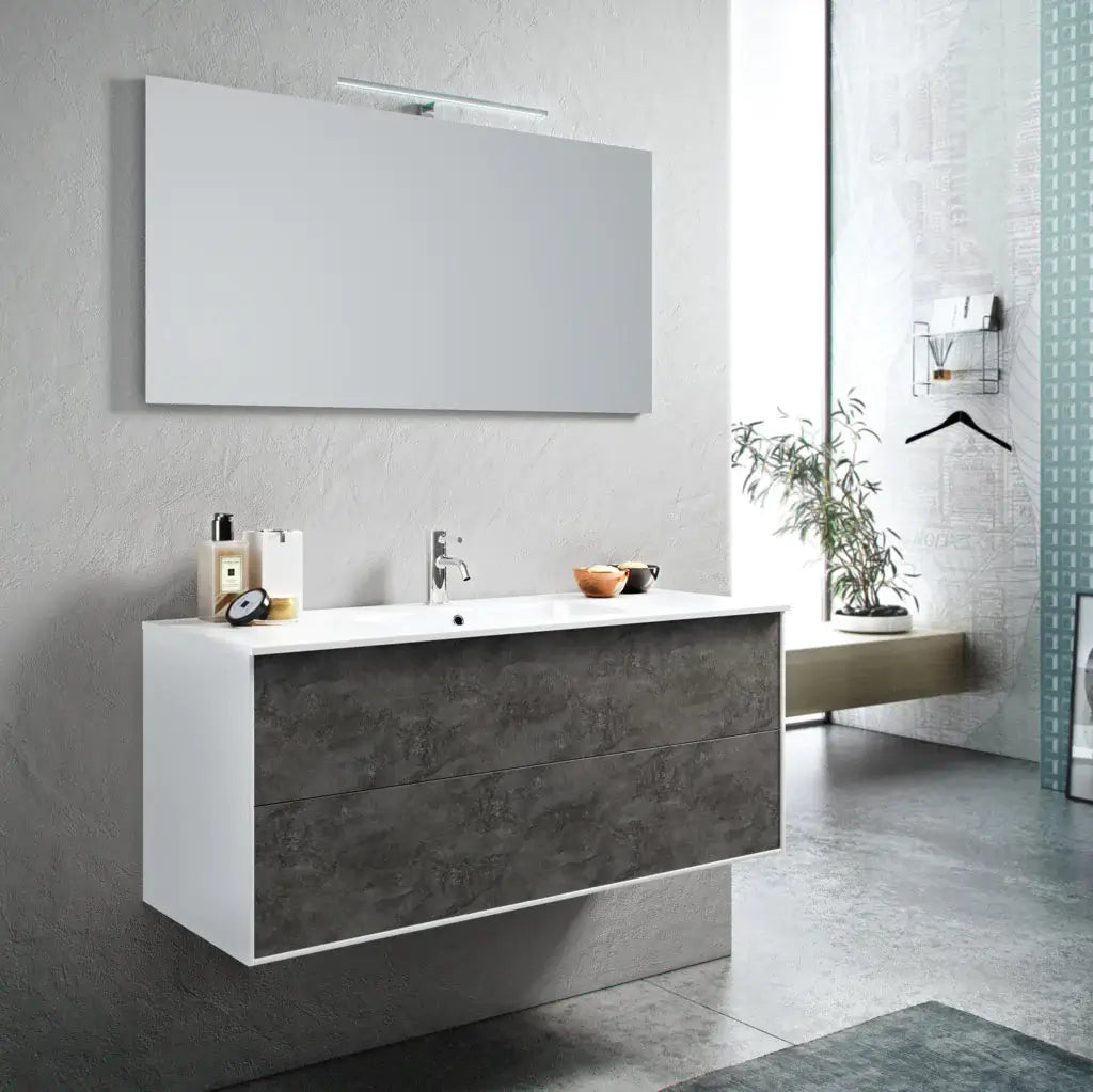 Mobile Bagno 120cm Sospeso Due Cassetti e Specchio Con Lampada - Ossido
