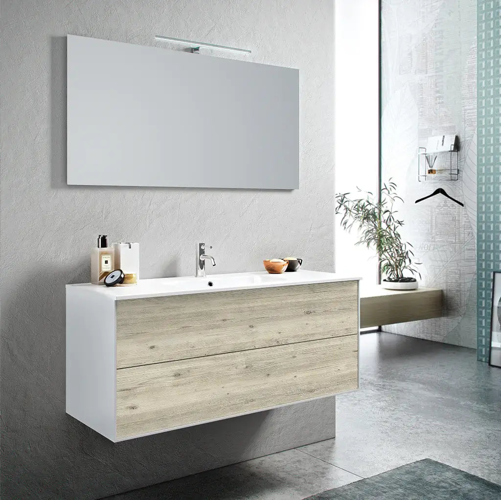 Mobile Bagno 120cm Sospeso Due Cassetti e Specchio Con Lampada - Pino Artico
