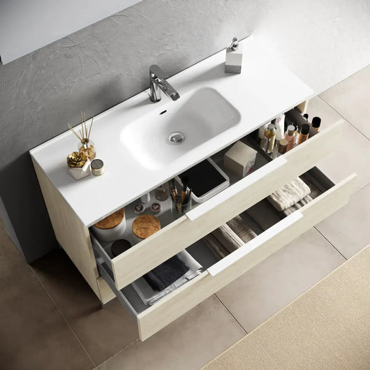 Composizione Bagno 120cm Sospesa Con Due Cassetti E Specchio Con Led Integrato - Rovere Miele