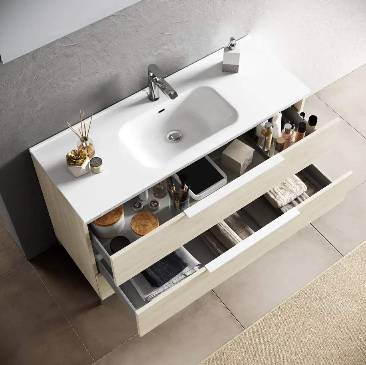 Composizione Bagno 120cm Sospesa Con Due Cassetti E Specchio Con Led Integrato - Pino Artico