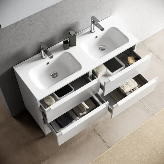 Mobile Bagno 120cm Sospeso Con Quattro Cassetti Lavabo Doppia Vasca Specchio E Doppia Lampada - Testa di Moro