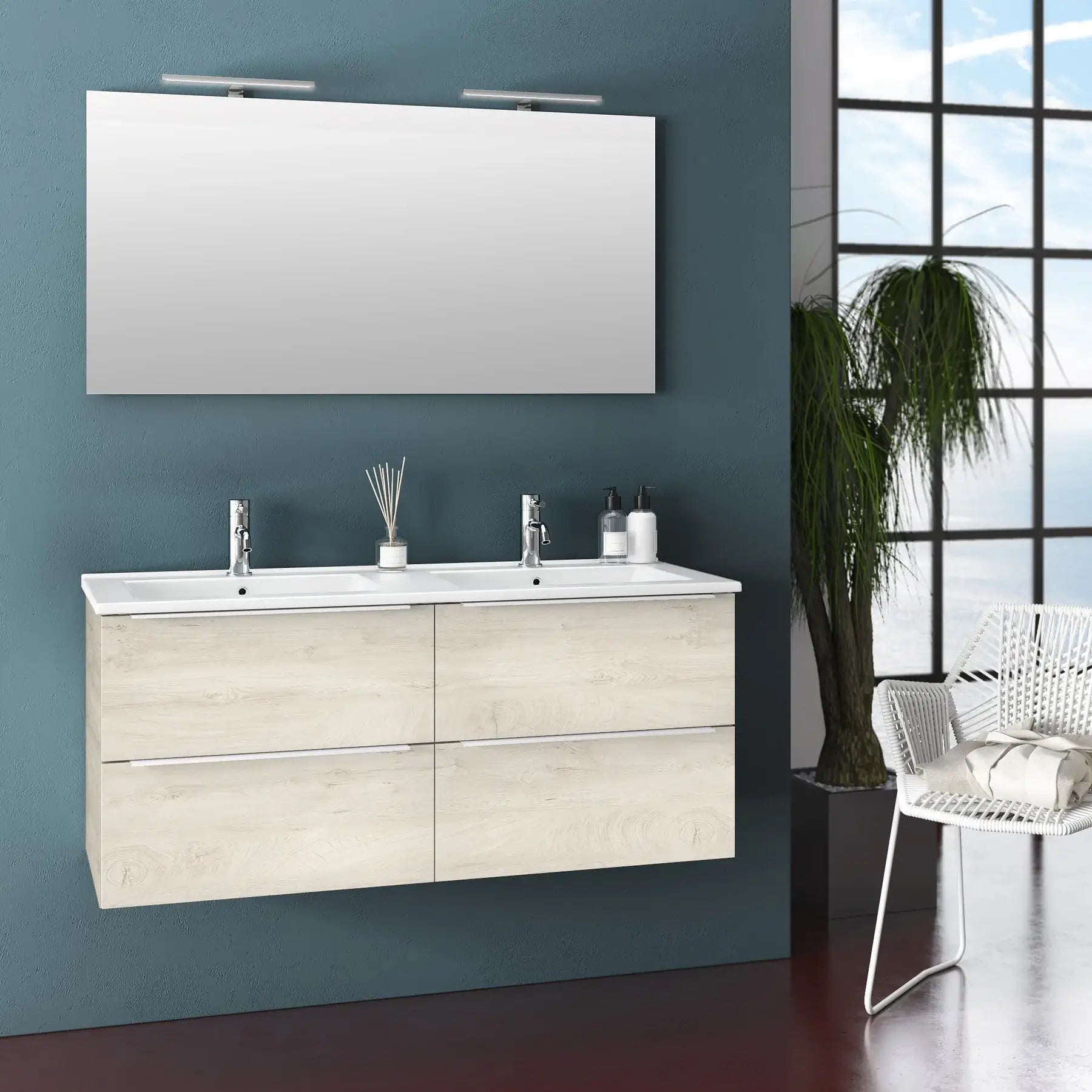 Mobile Bagno 120cm Sospeso Con Quattro Cassetti Lavabo Doppia Vasca Specchio E Doppia Lampada - Rovere Alaska