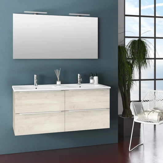 Mobile Bagno 120cm Sospeso Con Quattro Cassetti Lavabo Doppia Vasca Specchio E Doppia Lampada - Rovere Alaska