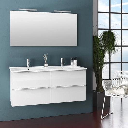Mobile Bagno 120cm Sospeso Con Quattro Cassetti Lavabo Doppia Vasca Specchio E Doppia Lampada - Bianco Laccato Lucido