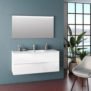 Composizione Bagno 120cm Sospesa Con Due Cassetti E Specchio Con Led Integrato - Bianco Laccato Lucido