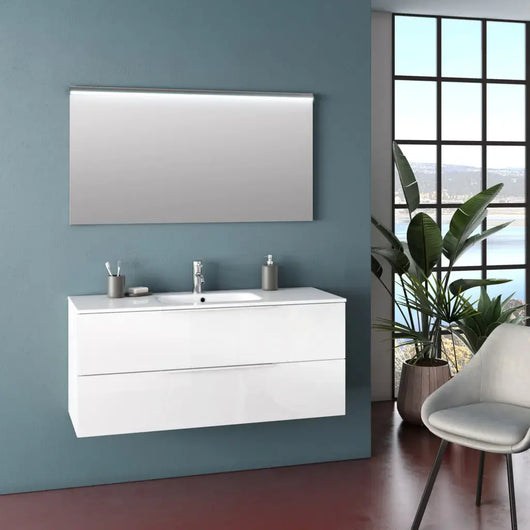 Composizione Bagno 120cm Sospesa Con Due Cassetti E Specchio Con Led Integrato - Bianco Laccato Lucido