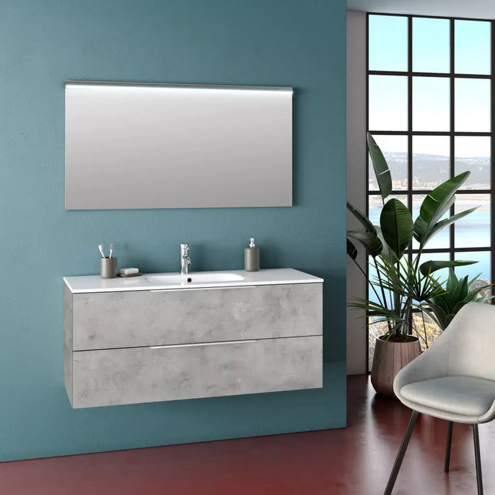 Composizione Bagno 120cm Sospesa Con Due Cassetti E Specchio Con Led Integrato - Cemento