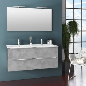 Mobile Bagno 120cm Sospeso Con Quattro Cassetti Lavabo Doppia Vasca Specchio E Doppia Lampada - Cemento