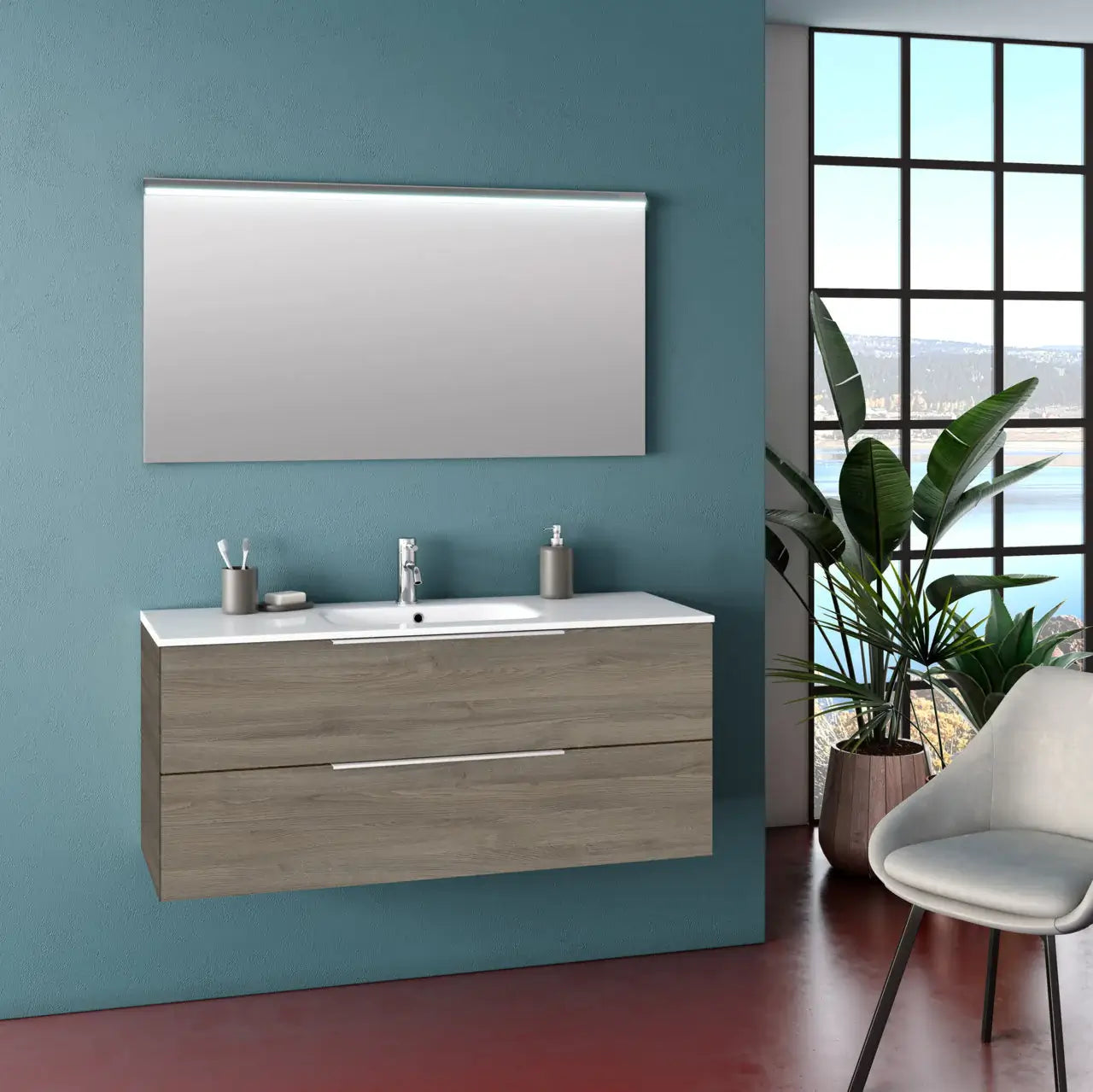 Composizione Bagno 120cm Sospesa Con Due Cassetti E Specchio Con Led Integrato - Rovere Cenere