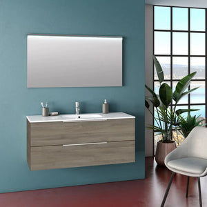 Composizione Bagno 120cm Sospesa Con Due Cassetti E Specchio Con Led Integrato - Rovere Cenere