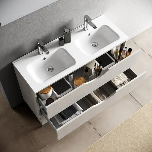 Mobile Bagno Sospeso 120cm Effetto Pietra Con Doppio Lavabo - Bianco Effetto Pietra