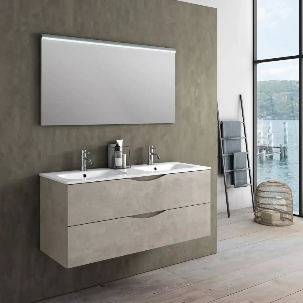 Mobile Bagno Sospeso 120cm Effetto Pietra Con Doppio Lavabo - Avana Effetto Pietra